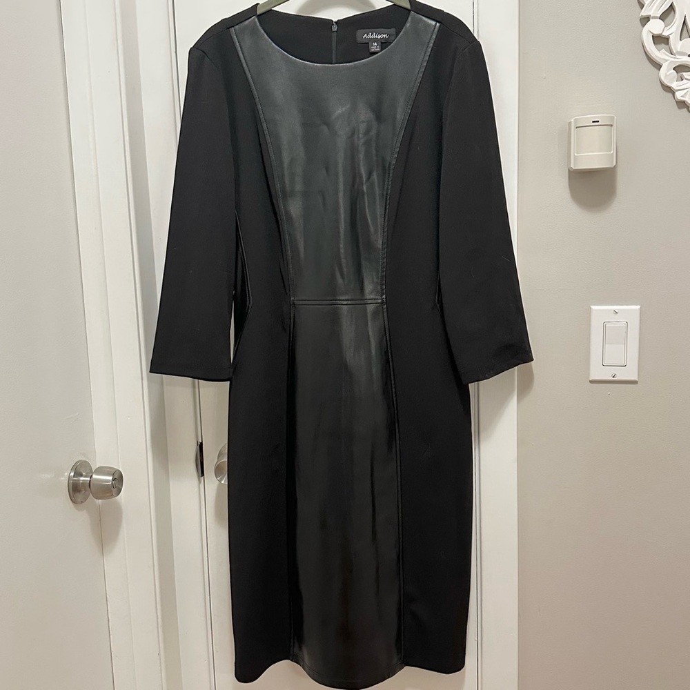 Addison Bodycon Black Dress Faux Leather 3/4 Sleeve Women 14 Stretch Knee length
